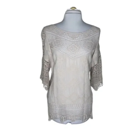 NWT Fever Ivory Color 3/4 Sleeve Crochet Cotton Relaxed Fit Top Size L - Picture 4 of 12